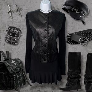 90s Vintage Uniform by Jean Paul Richard Leather Front Black Knit Sweater Jacket